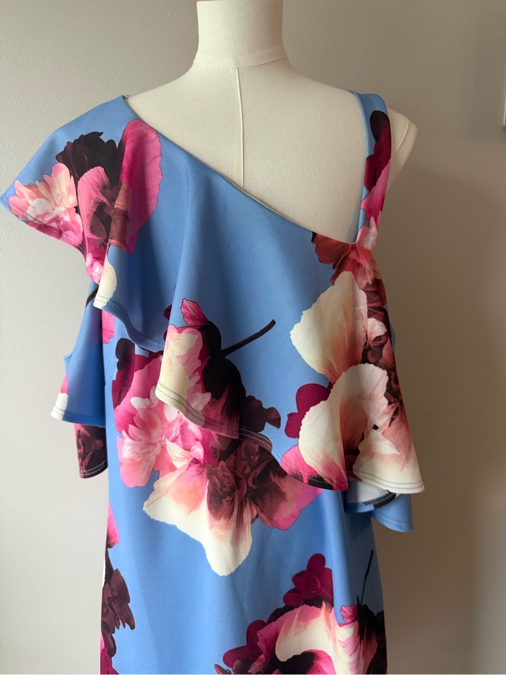 Soprano Blue One-Shoulder Floral Ruffle Dress with Pink Accents - Picture 12 of 13